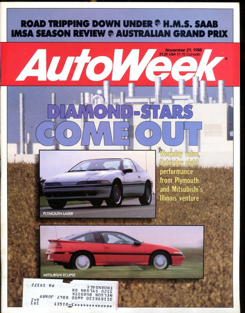 AutoWeek Magazine November 21 1988 Plymouth Laser EX w/ML 022217nonjhe