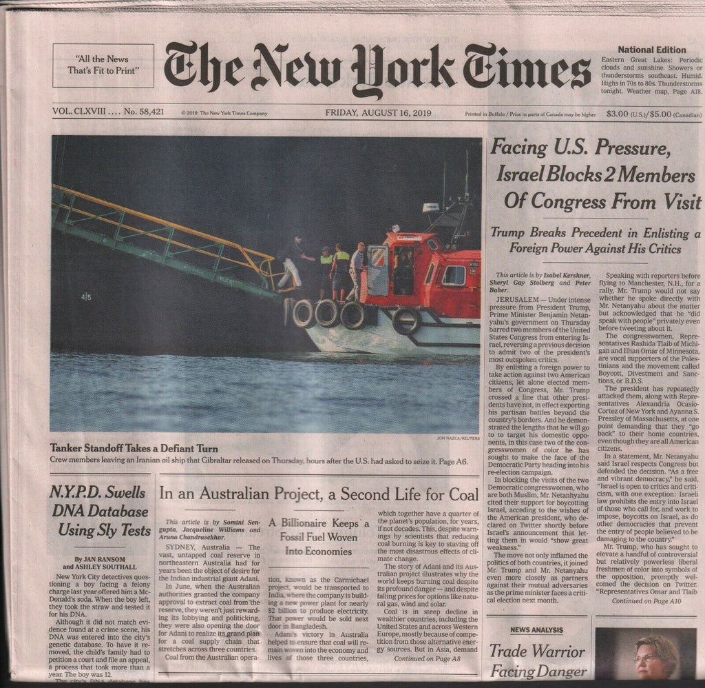 New York Times August 16 2019 Elizabeth Warren Donald Trump 010120AME2