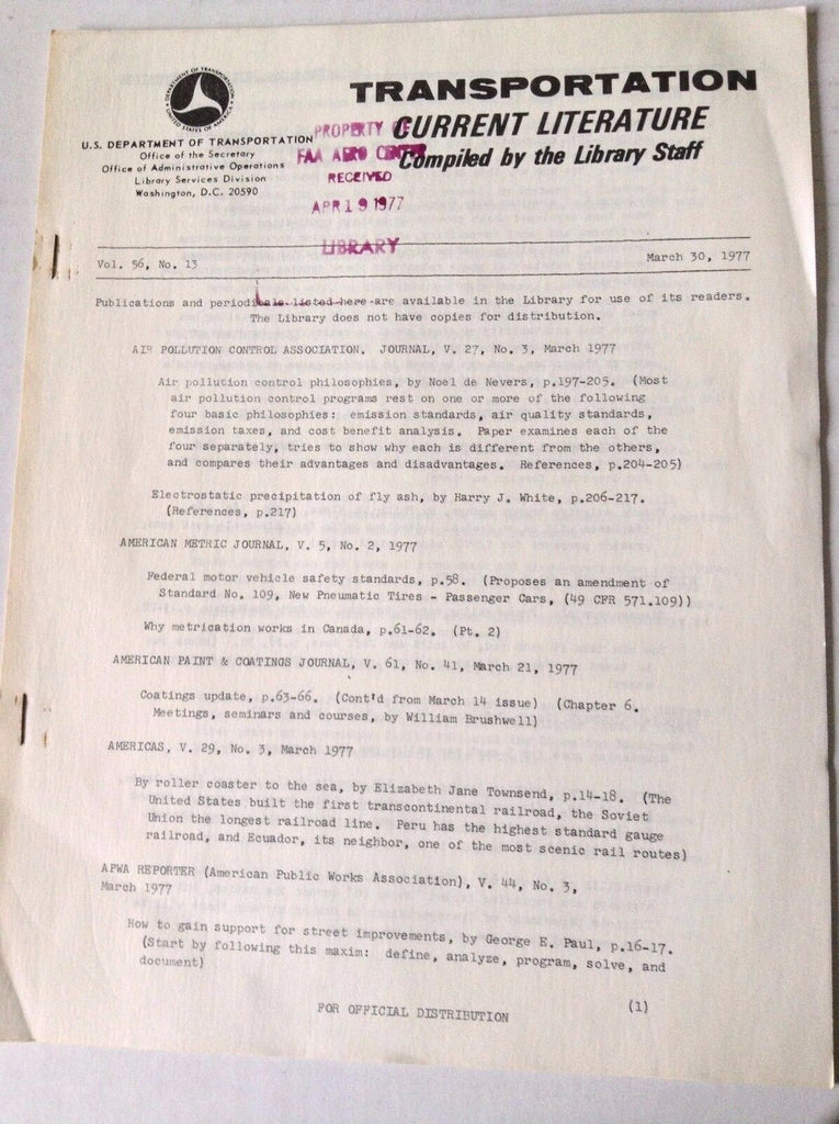 Transportation Current Literature Magazine March 30, 1977 FAL 050517nonrh