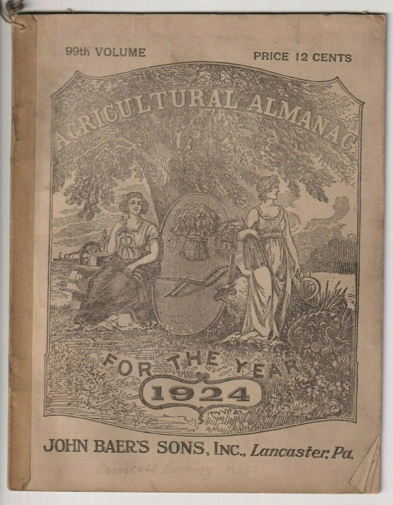 Agriculture Almanac John Baer's Sons Lancaster, PA 99th Volume 1924 022420nonr