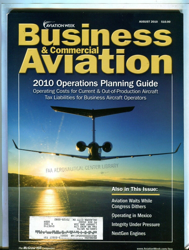 Business & Commercial Aviation Magazine Aug. 2010 EX w/ML FAA Library 102016jhe