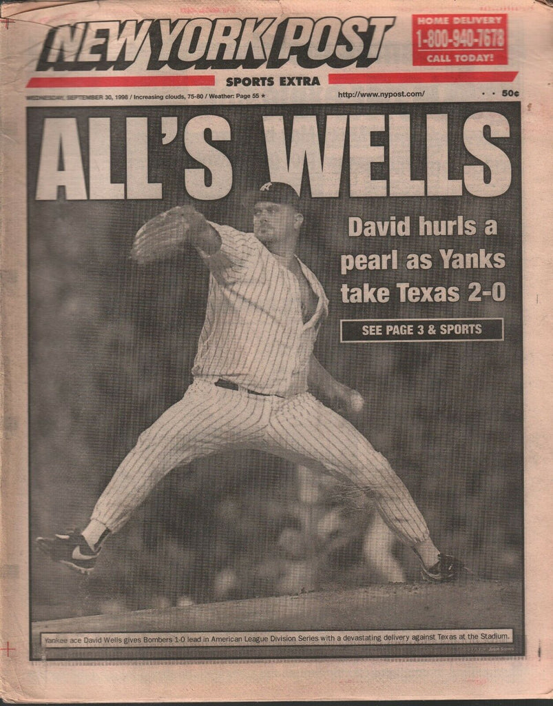 New York Post September 30 1998 David Wells Texas New York Yankees 020320AME