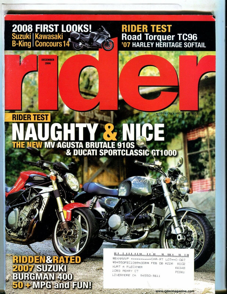Rider Magazine December 2006 Suzuki Ducati EX w/ML 050917nonjhe
