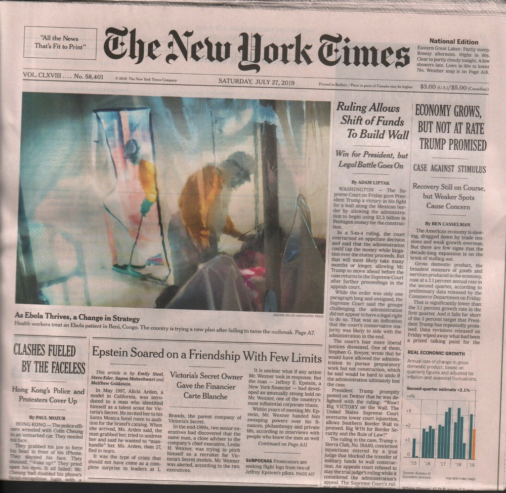 New York Times July 27 2019 Ebola Virus Jeffrey Epstein Donald Trump 010220AME