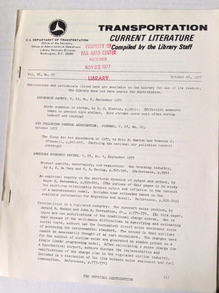 Transportation Current Literature Magazine October 26, 1977 FAL 050517nonrh
