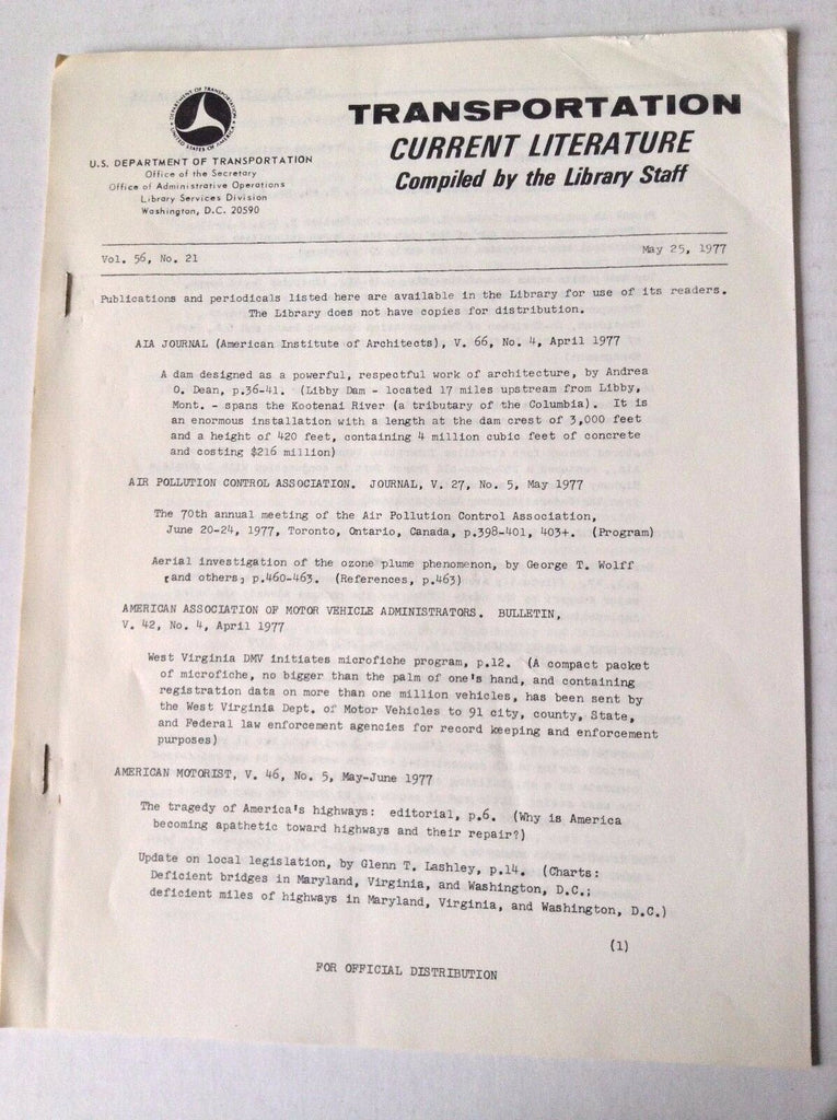 Transportation Current Literature Magazine May 25, 1977 FAL 050517nonrh