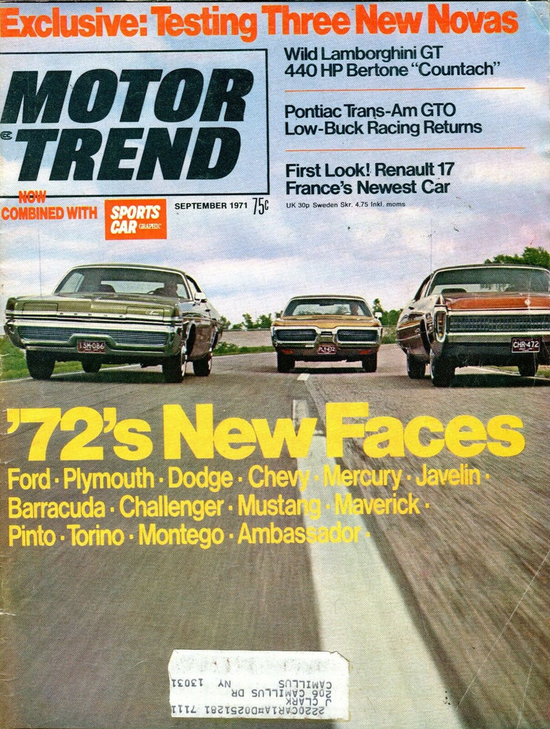 Motor Trend Magazine September 1971 72s New Faces VG w/ML 091916jhe
