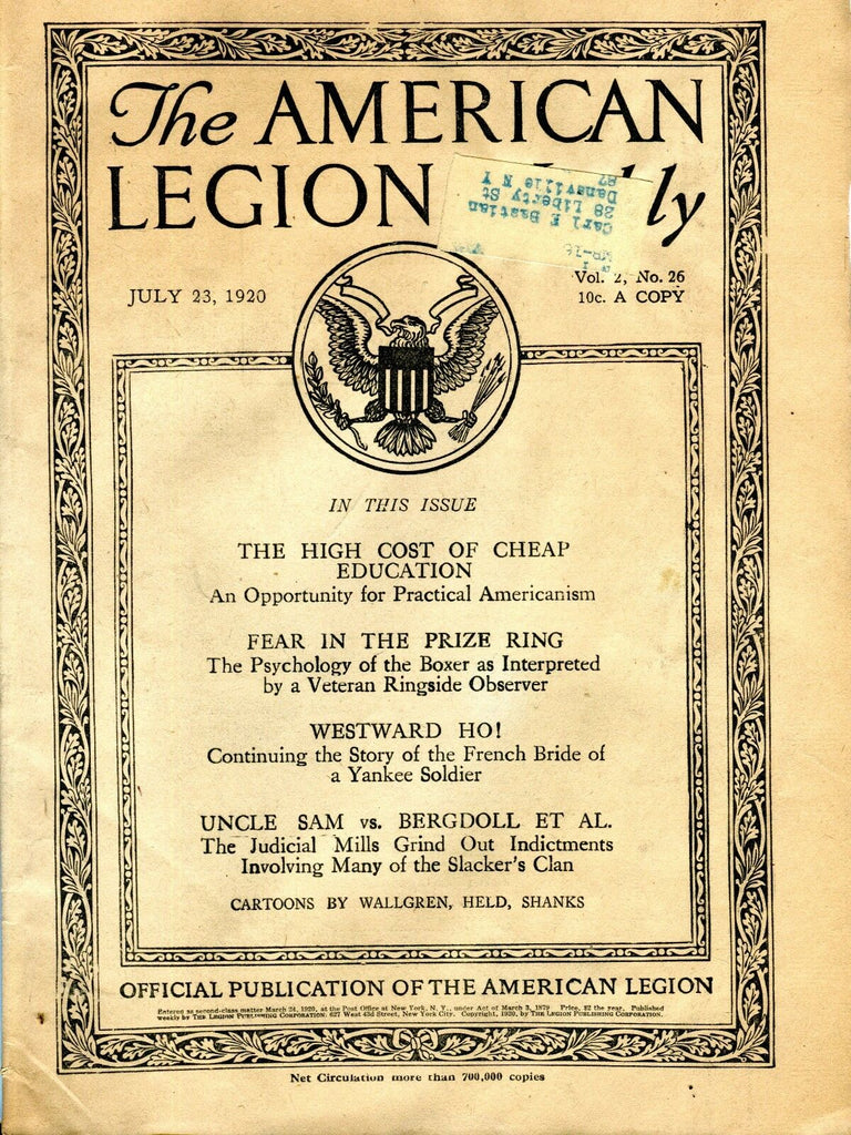 The American Legion Weekly July 23 1920 High Cost Of Education VG w/ML 101716jhe