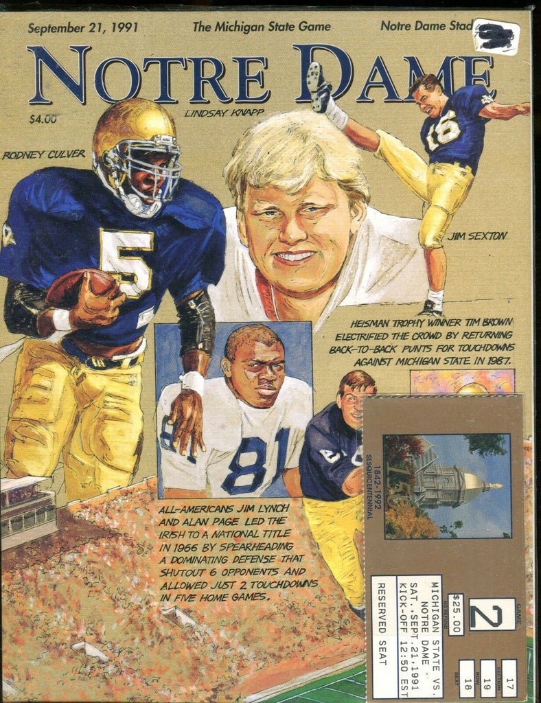 Notre Dame vs. Michigan State Football Program 1991 w/Ticket EX 010517jhe