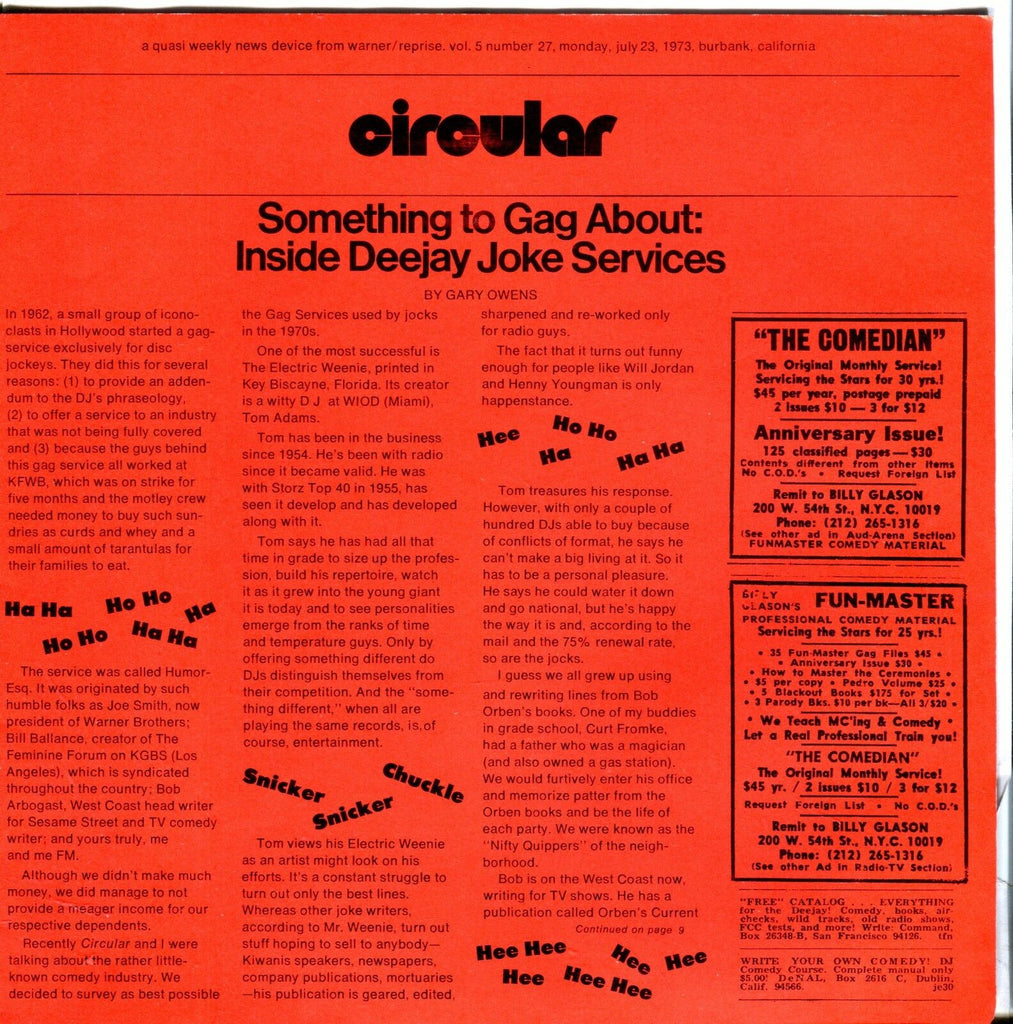 Circular Music Magazine July 23 1973 Deejay Joke Services EX 021917jhe