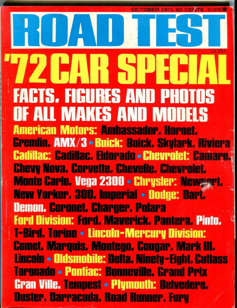 Road Test Magazine October 1971 '72 Car Special VG No ML 032217nonjhe