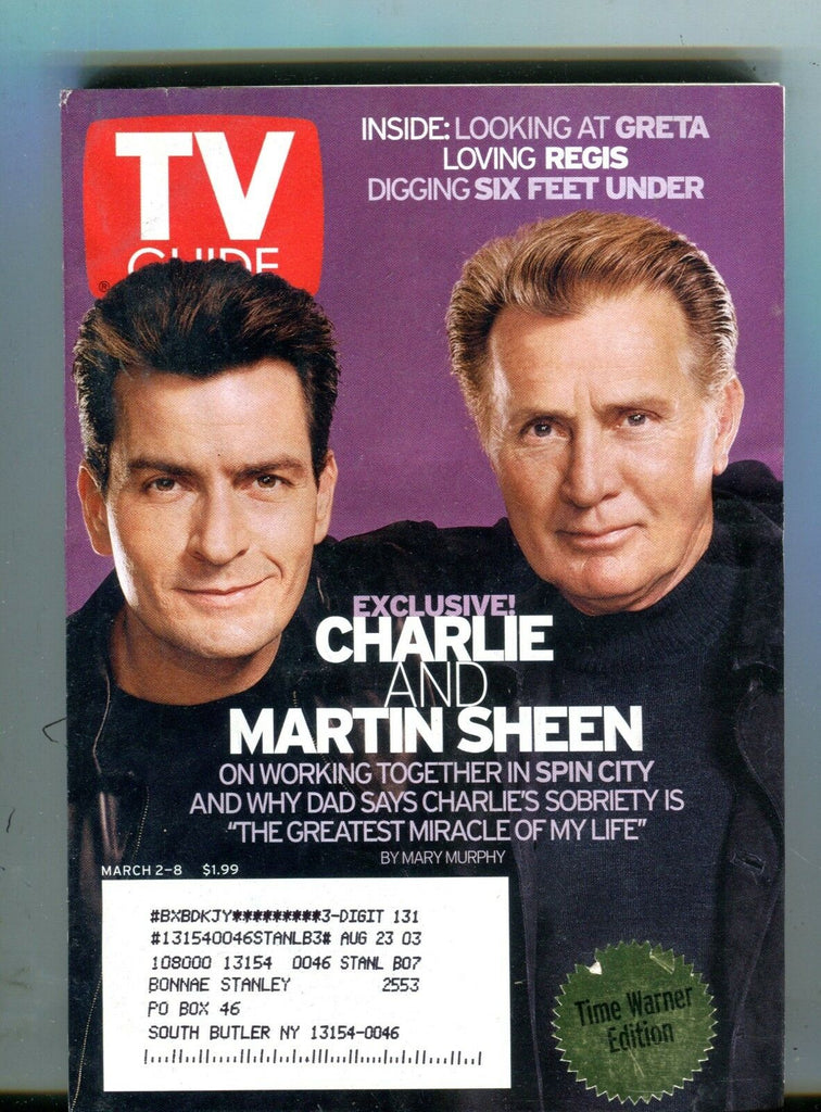 TV Guide Magazine March 2-8 2002 Charlie Sheen EX w/ML 121516jhe