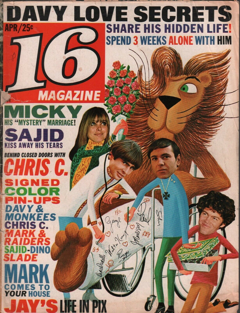16 Magazine April 1968 Davy Jones Monkees Cher Micky Dolan 082520AME