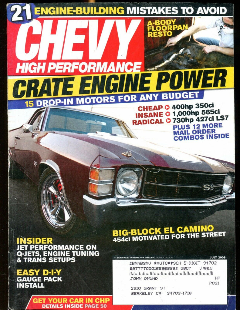 Chevy High Performance Magazine July 2008 Crate Engine EX w/ML 030117nonjhe