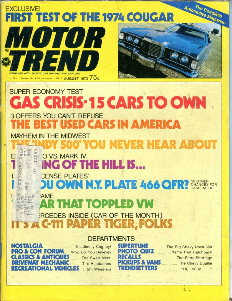Motor Trend Magazine August 1973 1974 Cougar VG w/ML 092016jhe