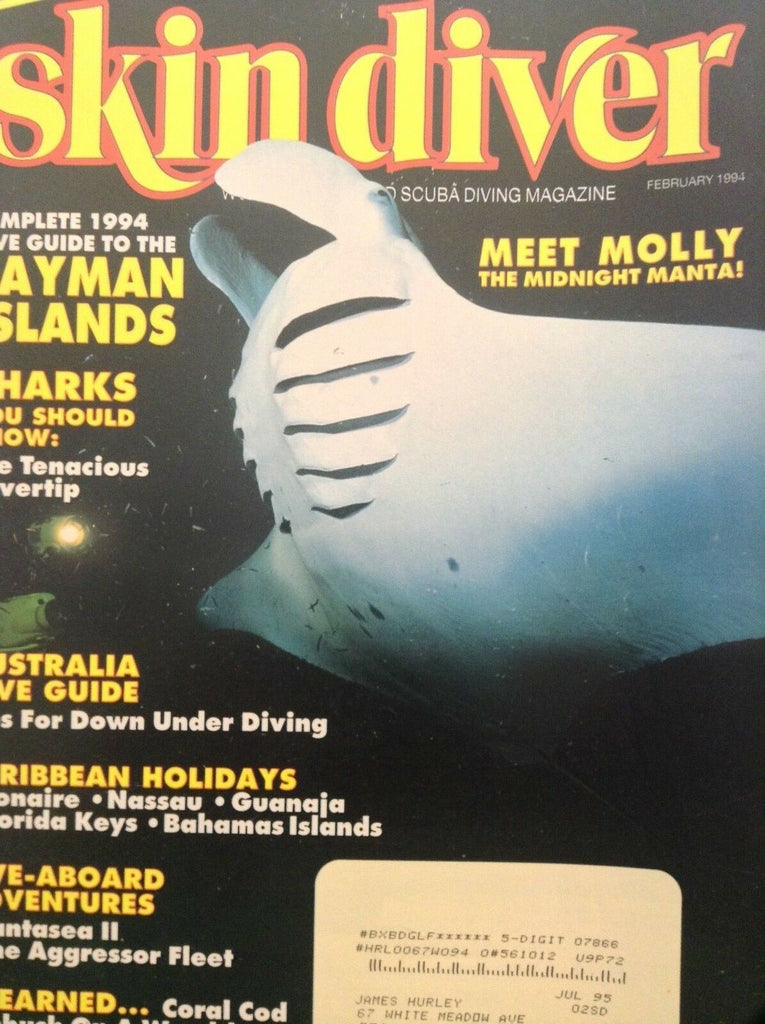 Skin Diver Magazine Cayman Islands & Manta Molly February 1994 060418nonrh