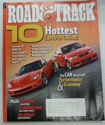 Road & Track Magazine 10 Hottest Cars Corvette Z51 August 2008 061015R