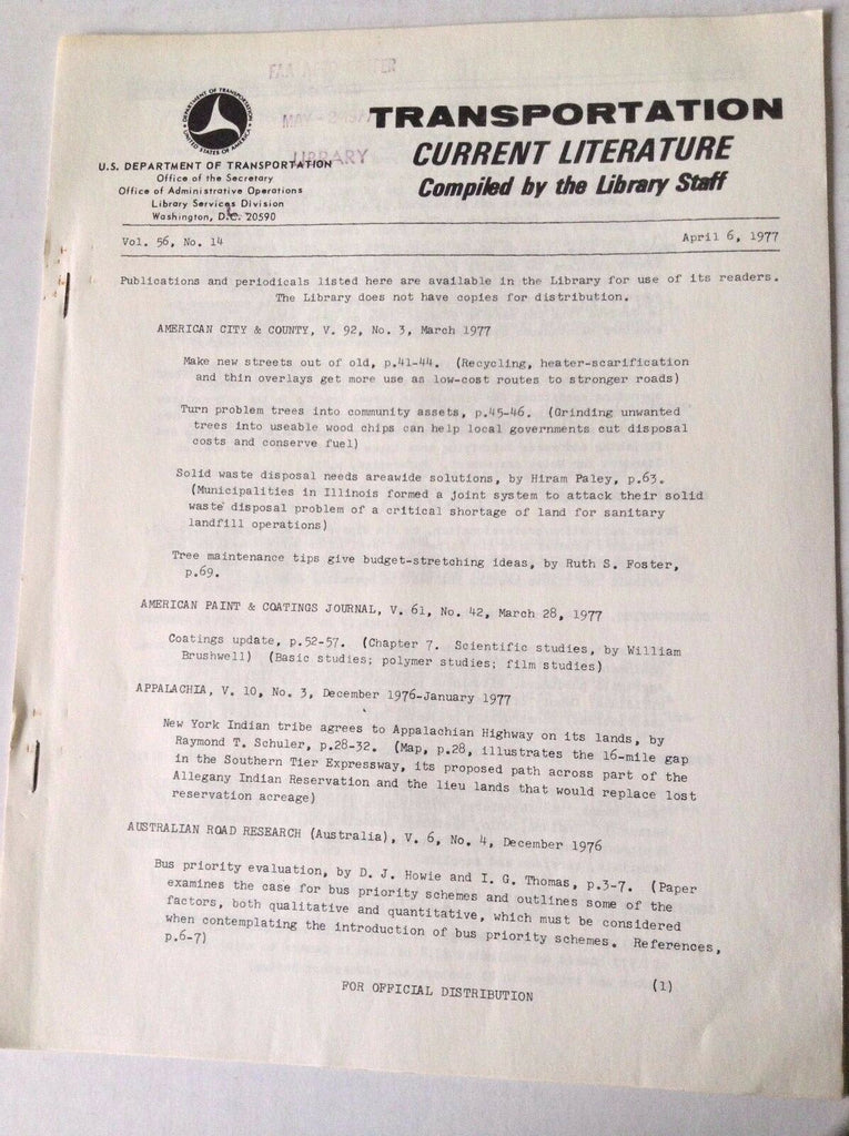 Transportation Current Literature Magazine April 6, 1977 FAL 050517nonrh