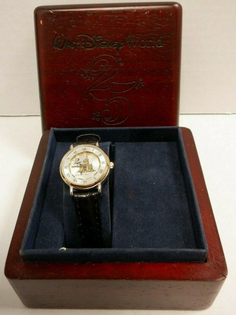 Walt Disney World 25th Anniversary Woman's Watch Black Band Wood Case 012320DBT