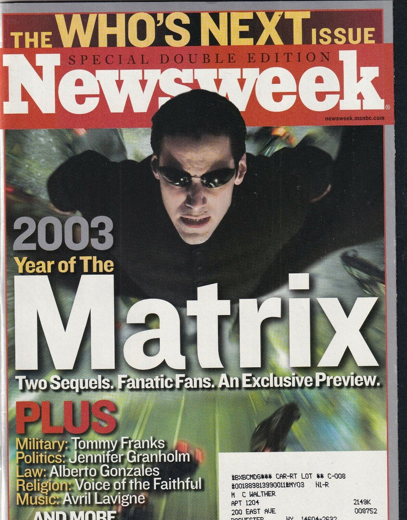 Newsweek Mag Year Of The Matrix & Who's Next Issue January 6, 2003 102219nonr