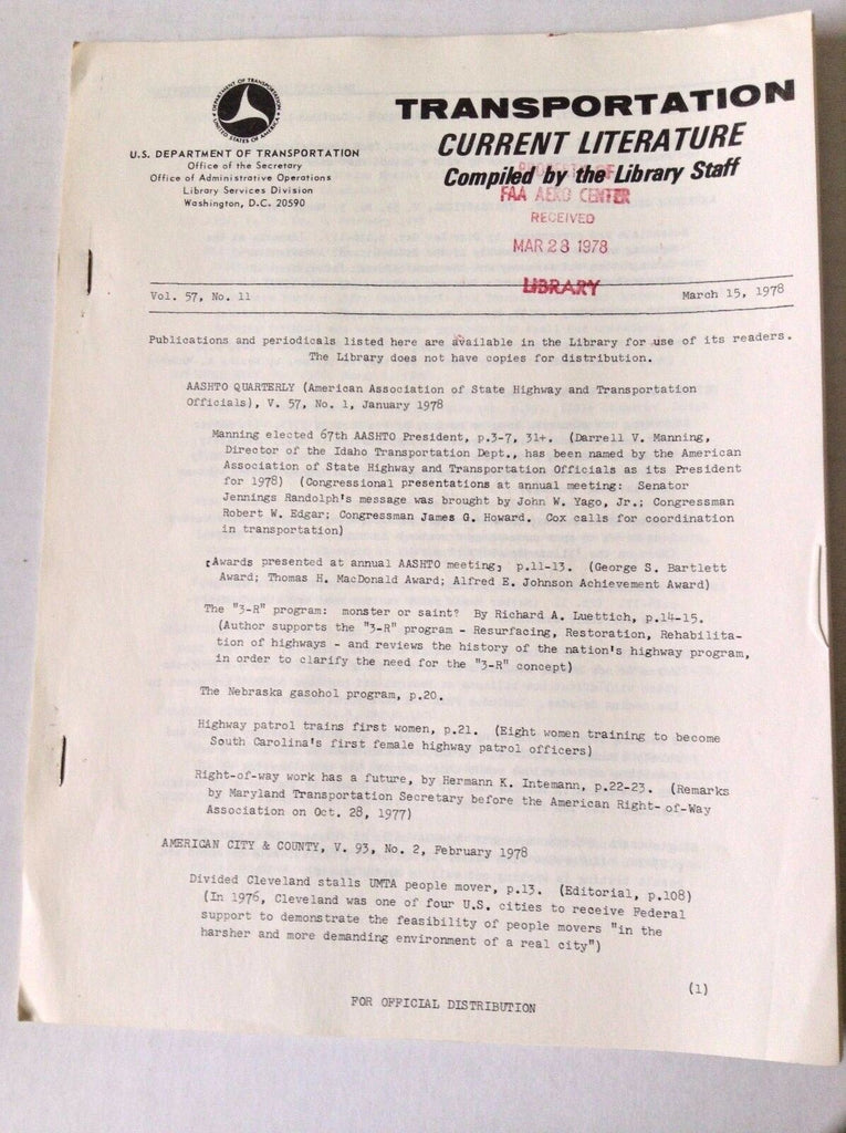 Transportation Current Literature Magazine March 15, 1978 FAL 050517nonrh
