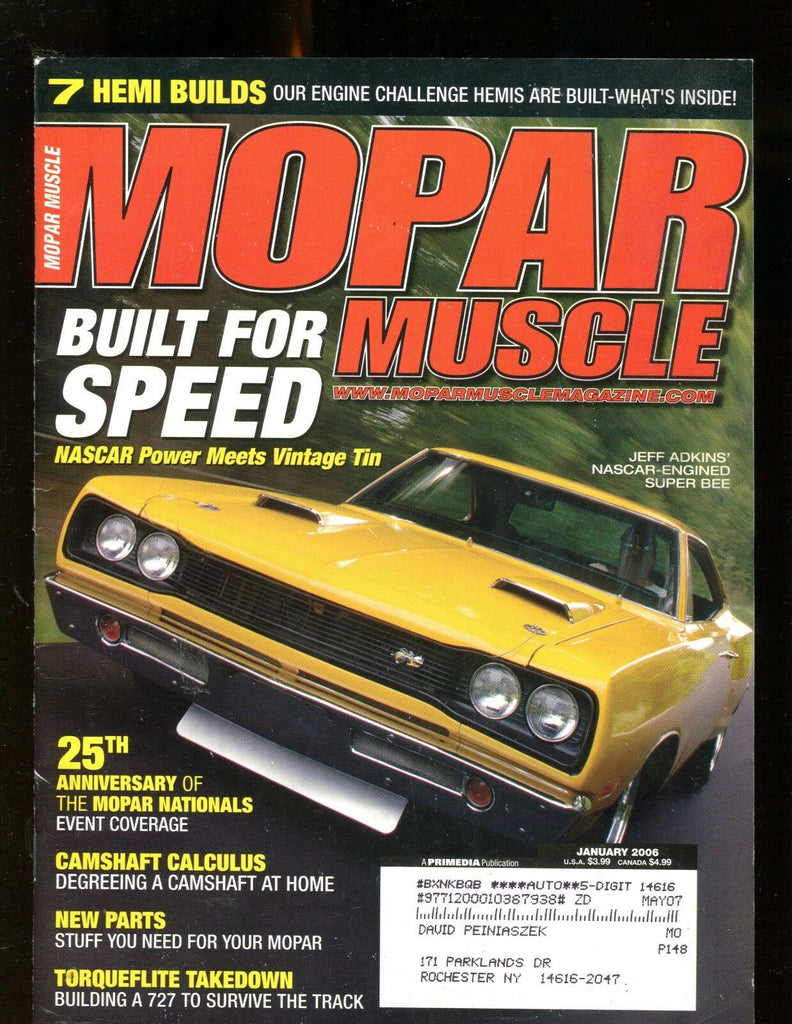 Mopar Muscle Magazine January 2006 Jeff Adkins Super Bee EX w/ML 011617jhe