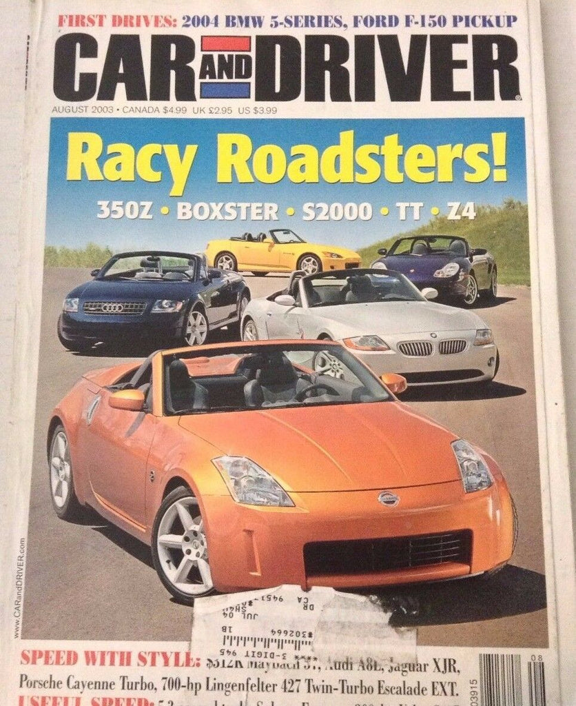Car And Driver Magazine Boxster S2000, TT , Z4 August 2003 080317nonrh