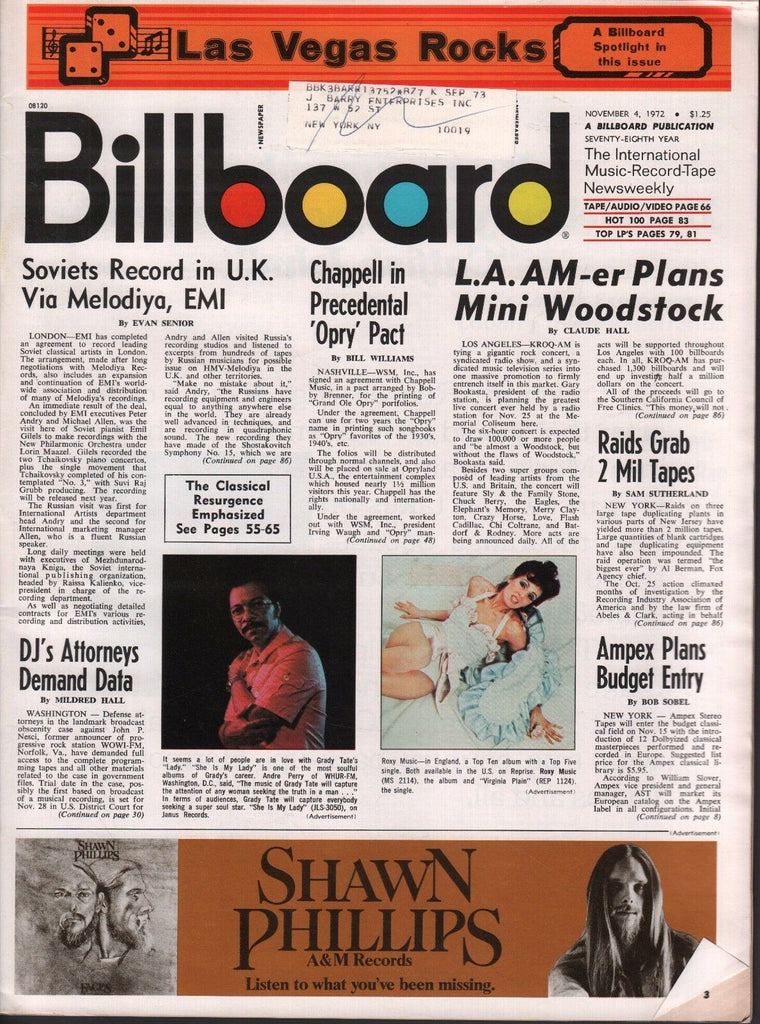 Billboard November 4 1972 Roxy, Shawn Phillips w/ML 062817nonDBE