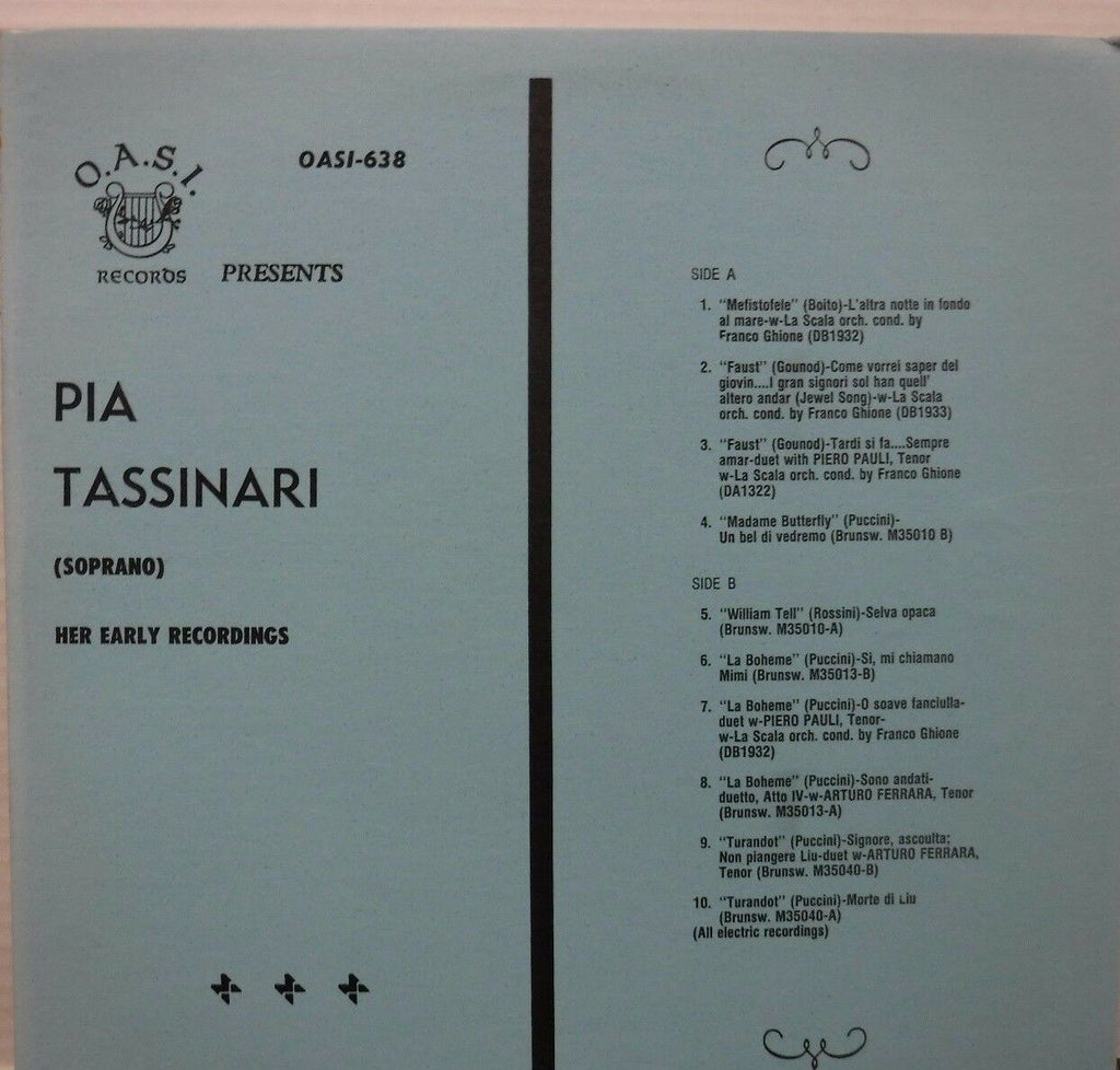 Pia Tassinari (Soprano) her early recordings 33RPM OASI-638 012217LLE