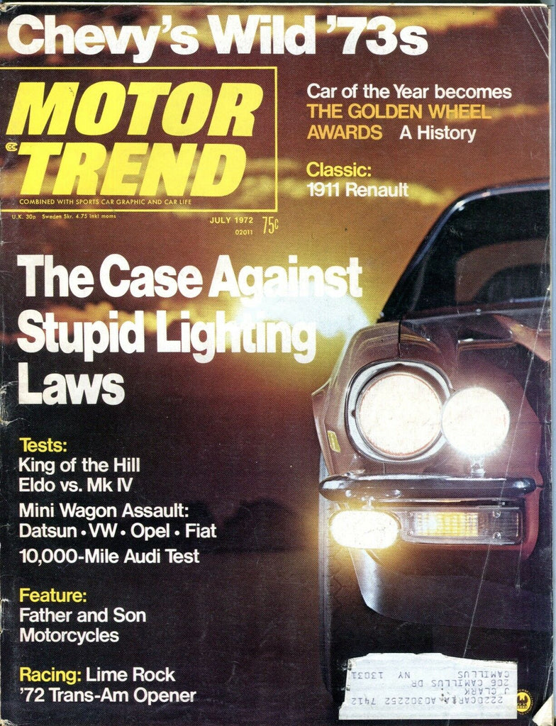 Motor Trend Magazine July 1972 Lighting Laws GD w/ML 091916jhe