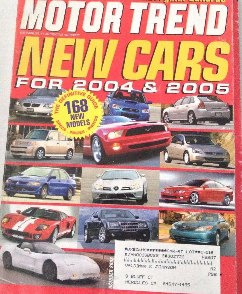 Motor Trend Magazine New Cars For 2004 & 2005 October 2003 080317nonrh