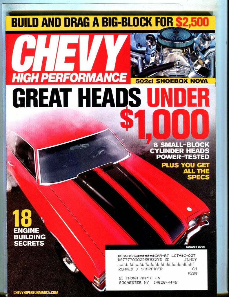 Chevy High Performance Magazine August 2006 Great Heads EX w/ML 050517nonjhe