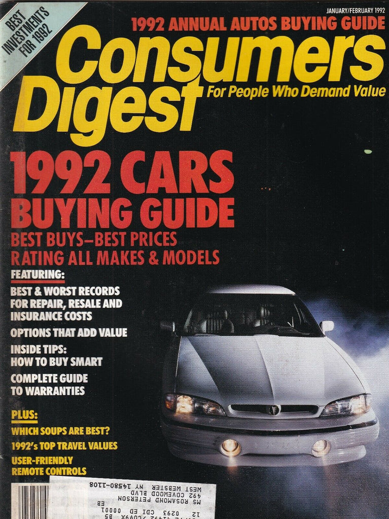 Consumers Digest Mag 1992 Cars Buying Guide January/February 1992 093019nonr