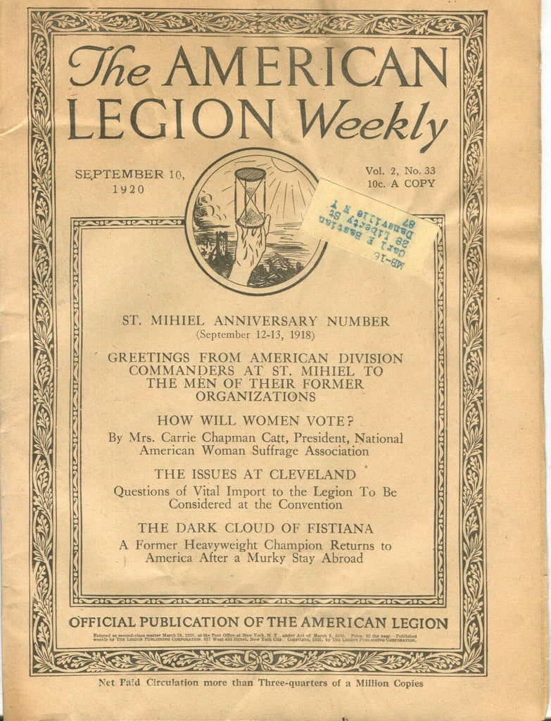 The American Legion Weekly Magazine September 10 1920 VG w/ML 061317nonjhe