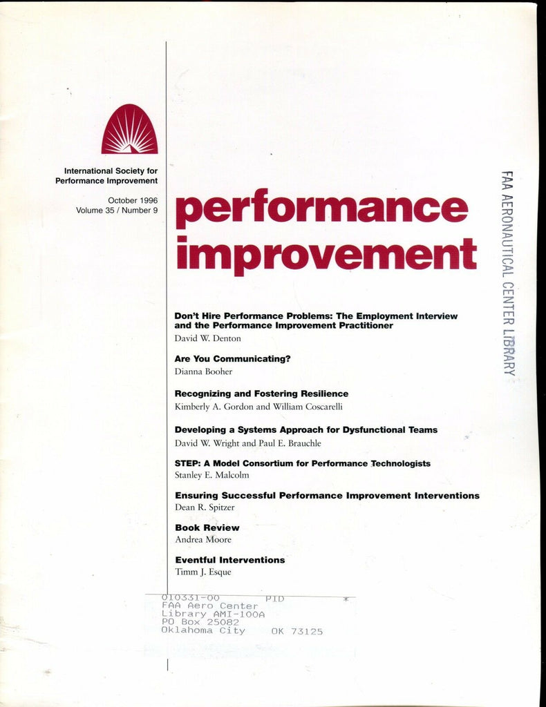 Performance Improvement Magazine October 1996 FAA EX w/ML 022417nonjhe