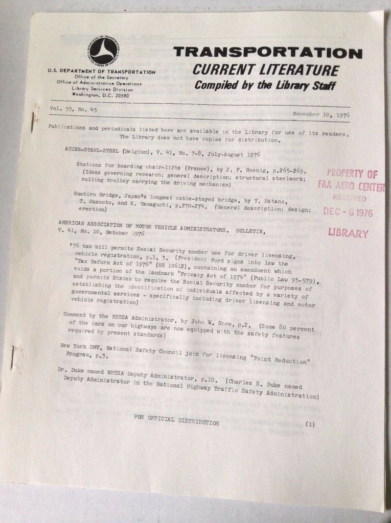Transportation Current Magazine Acier Steel Novembr 10, 1976 FAL 050517nonrh