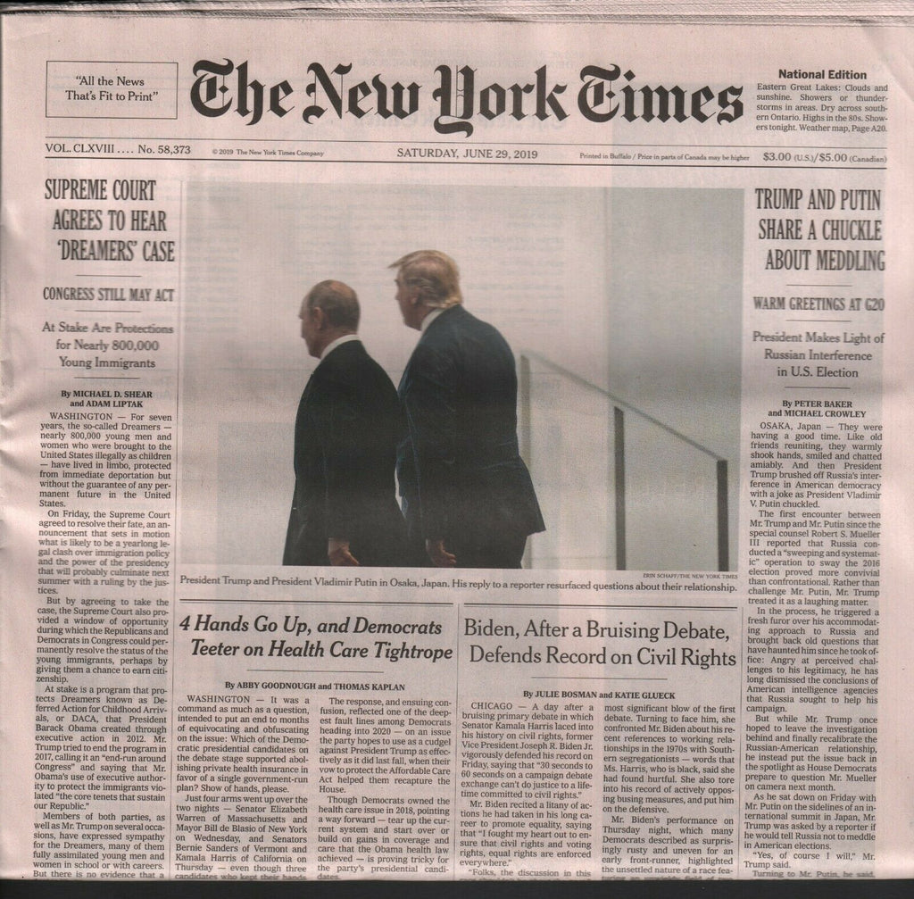 New York Times June 29 2019 Donald Trump Vladimir Putin in Japan 010220AME2