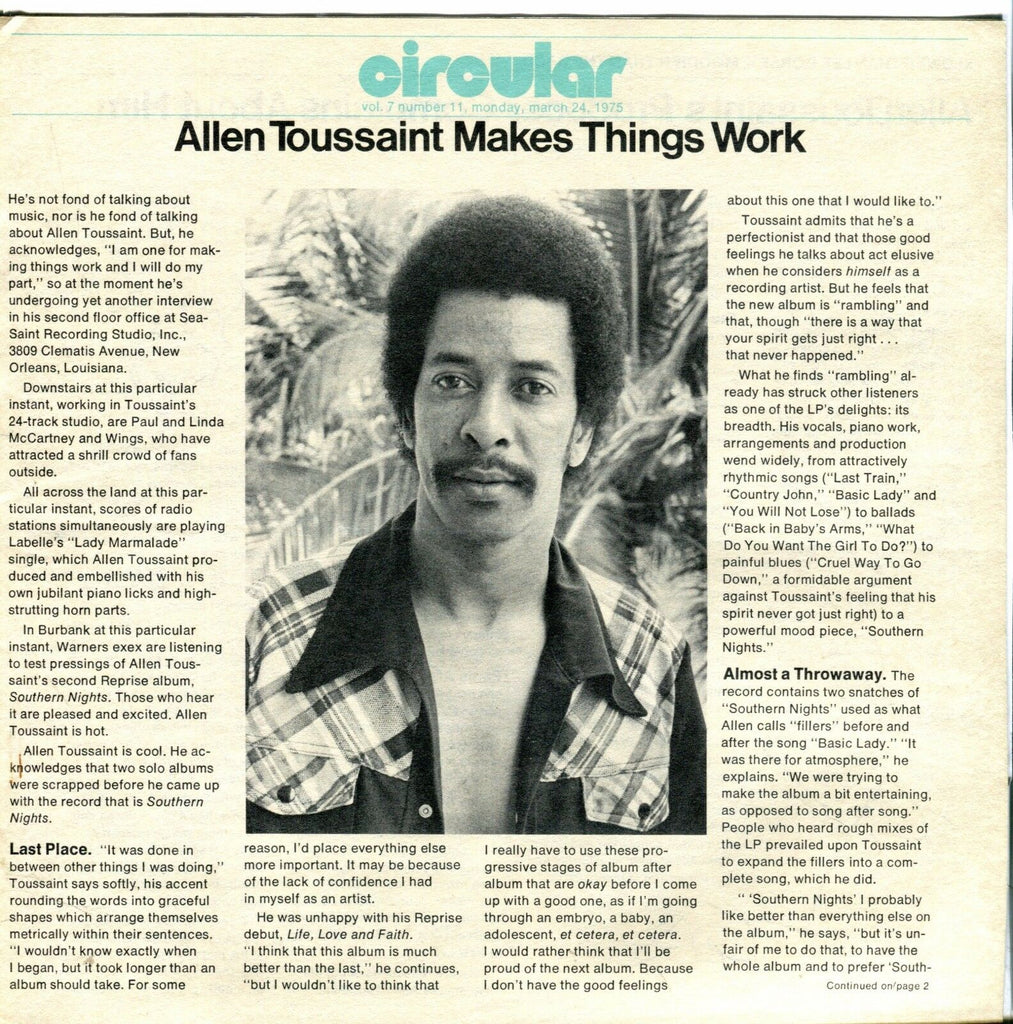Circular Music Magazine March 24 1975 Allen Toussaint EX 021917jhe