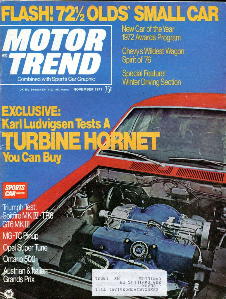 Motor Trend Magazine November 1971 Turbine Hornet VG w/ML 091916jhe