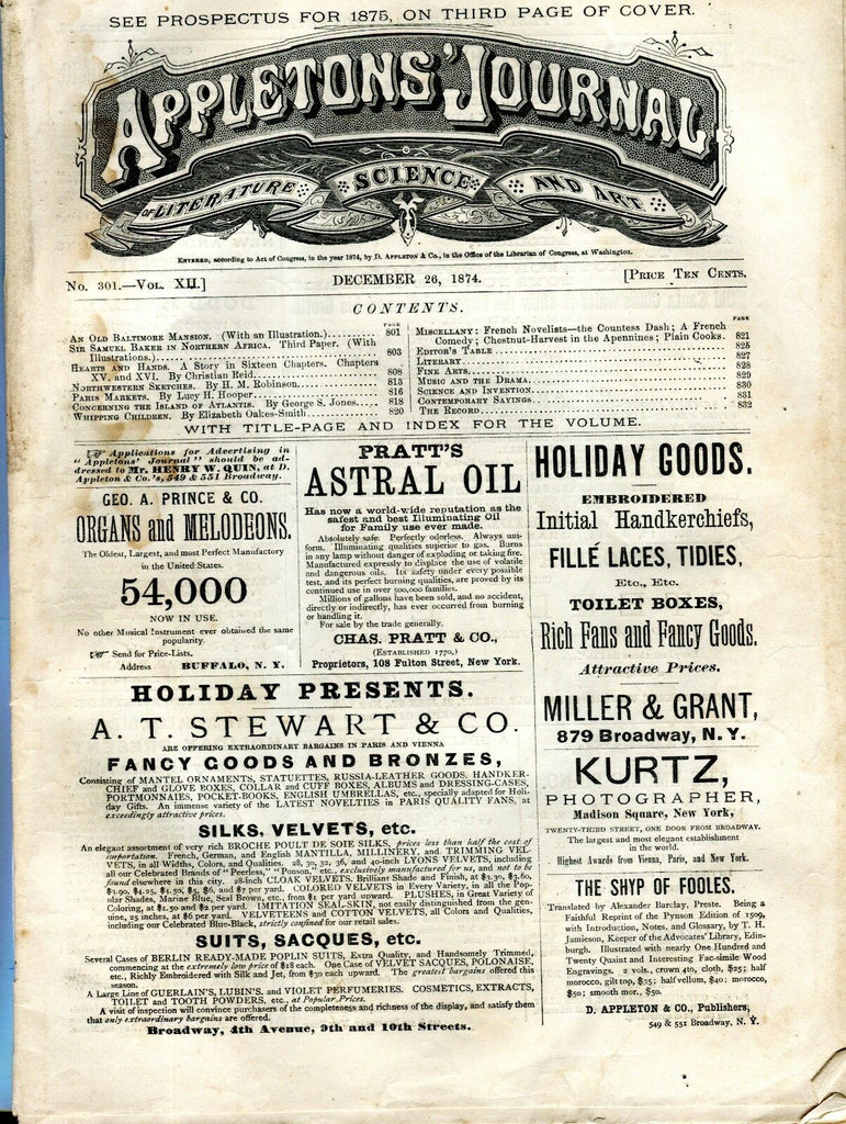 Appletons' Journal December 26 1874 Baltimore Mansion GD 101916jhe
