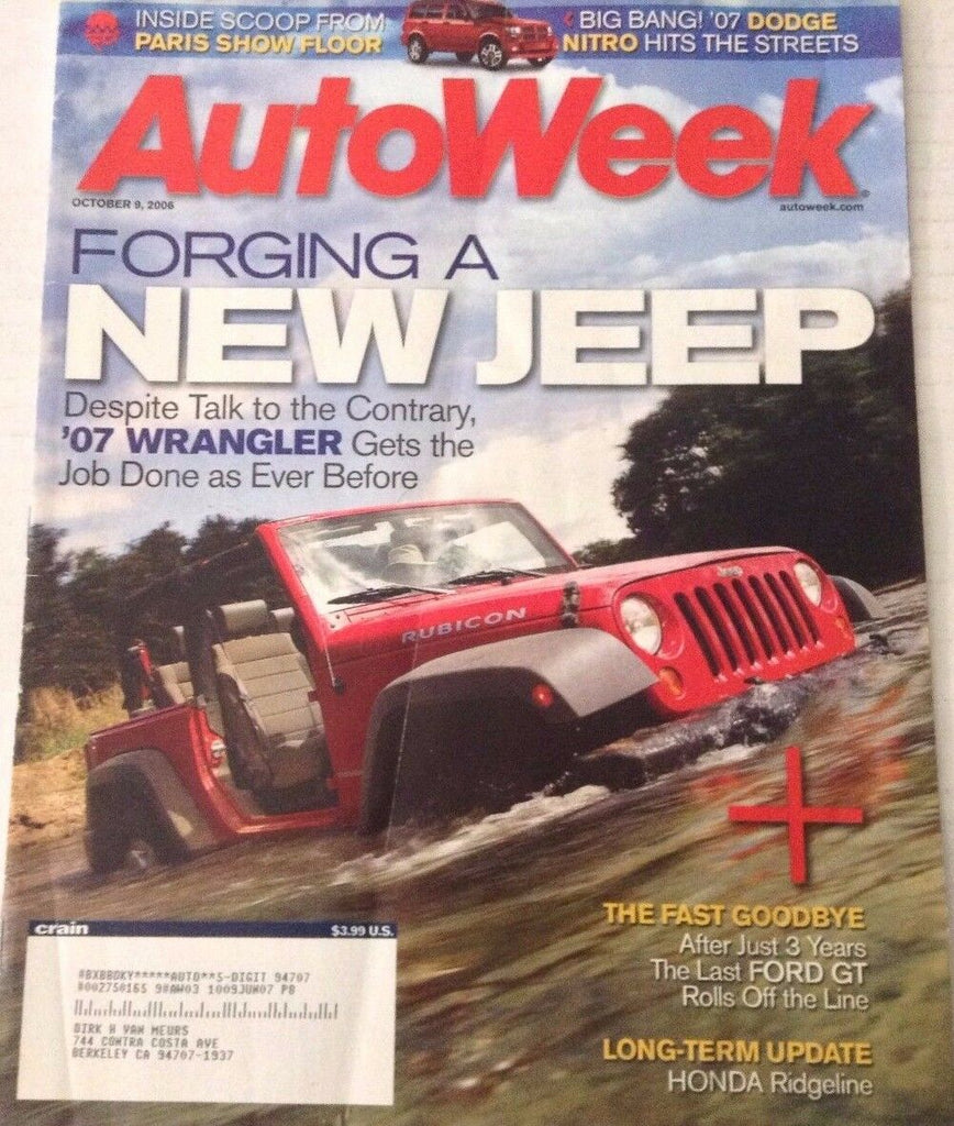 AutoWeek Magazine Jeep Wrangler Ford GT October 9, 2006 080317nonrh