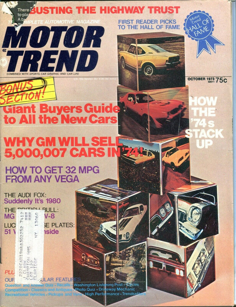 Motor Trend Magazine October 1973 Buyers Guide GD w/ML 092016jhe