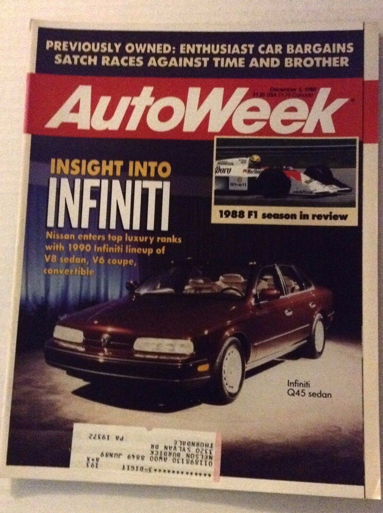Autoweek Magazine Magazine Infiniti Q45 Sedan December 5, 1988 011717RH