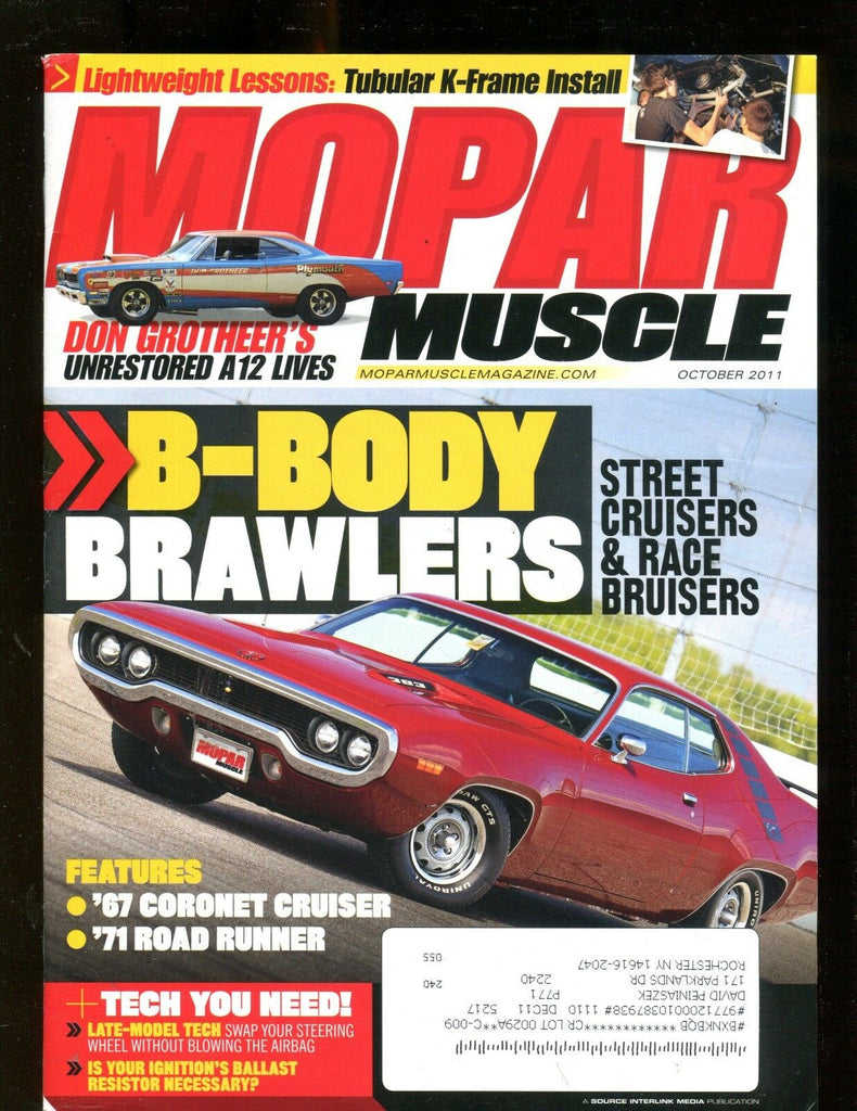Mopar Muscle Magazine October 2011 B-Body Brawlers EX w/ML 011717jhe