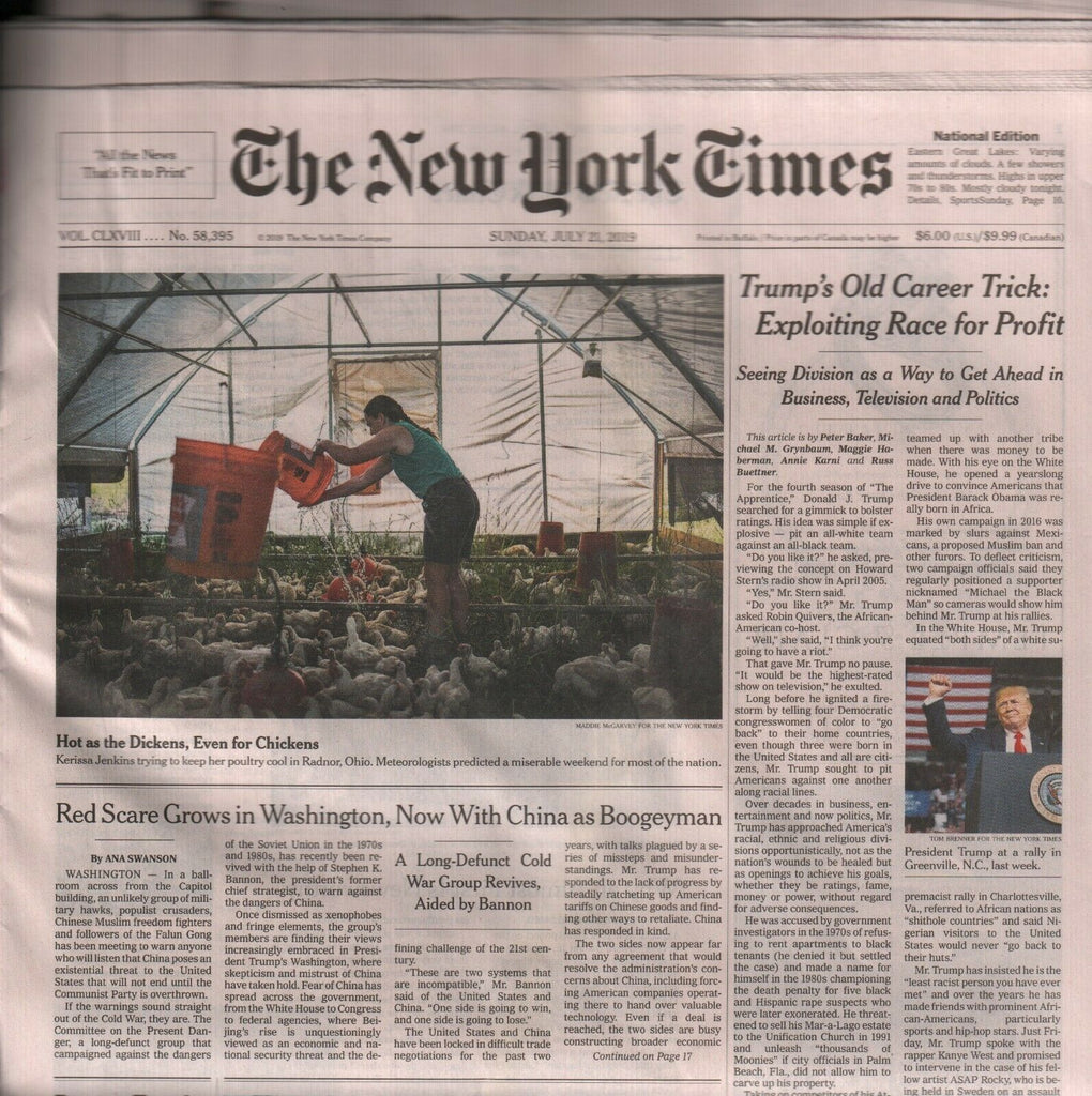 New York Times July 21 2019 Donald Trump Exploiting Race for Profit 010320AME