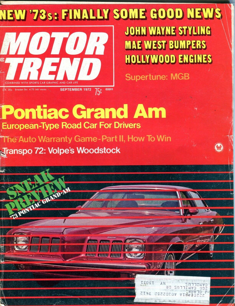 Motor Trend Magazine September 1972 Pontiac Grand Am Acceptable w/ML 091916jhe