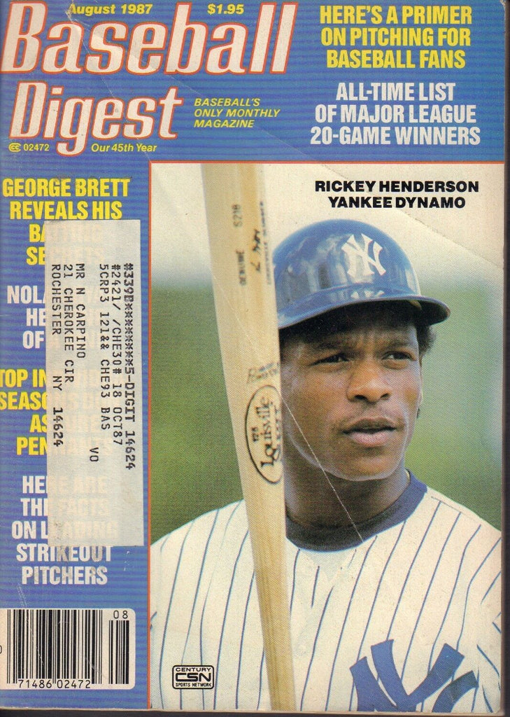 Baseball Digest Magazine August 1987 Rickey Henderson 072417nonjhe