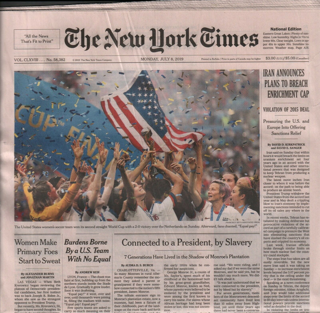 New York Times July 8 2019 United States Woman Soccer Team World Cup 010220AME2