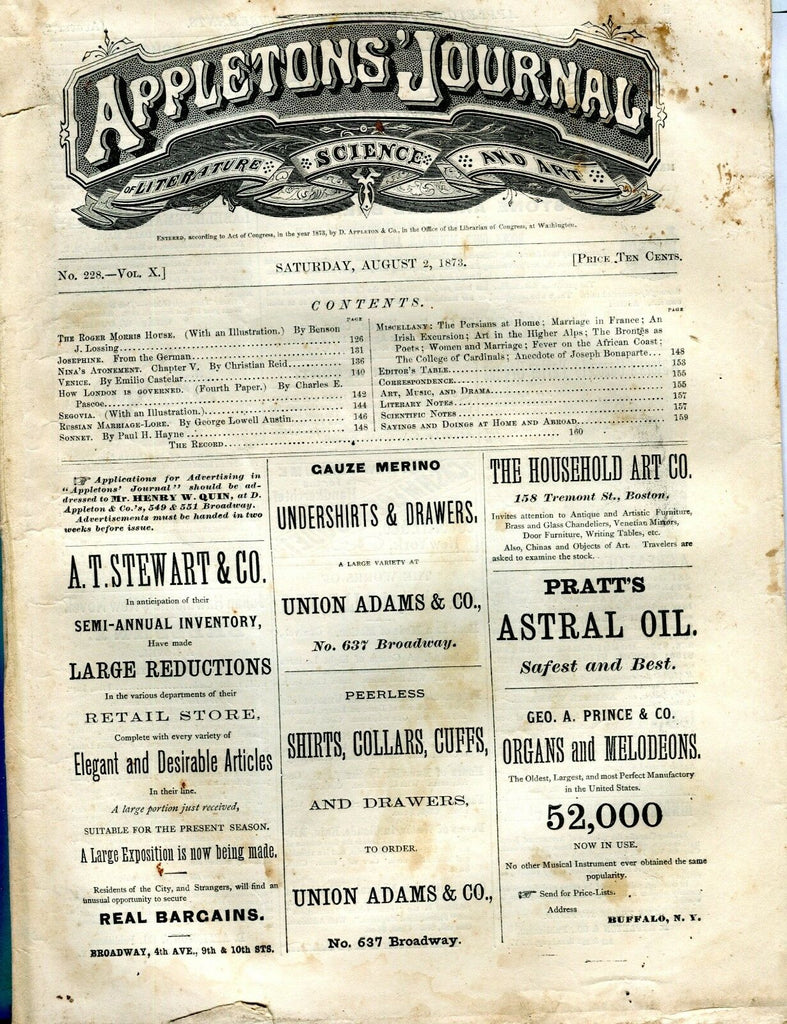 Appletons' Journal August 2 1873 Roger Morris House GD 101716jhe