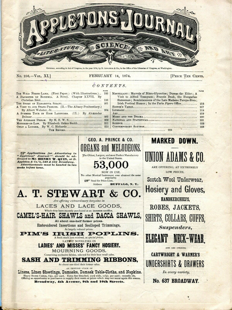 Appletons' Journal February 14 1874 Wild North-Land GD 101916jhe